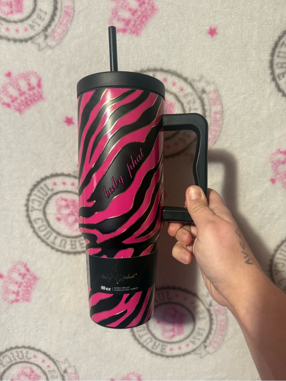 Baby Phat Hot Pink and Black Zebra Travel Tumbler with Handle